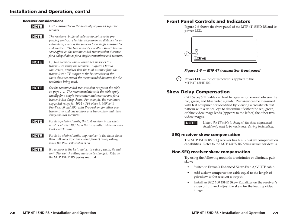Receiver considerations, Front panel controls and indicators, Skew delay compensation | Installation and operation, cont’d | Extron electronic MTP 4T 15HD RS User Manual | Page 12 / 16