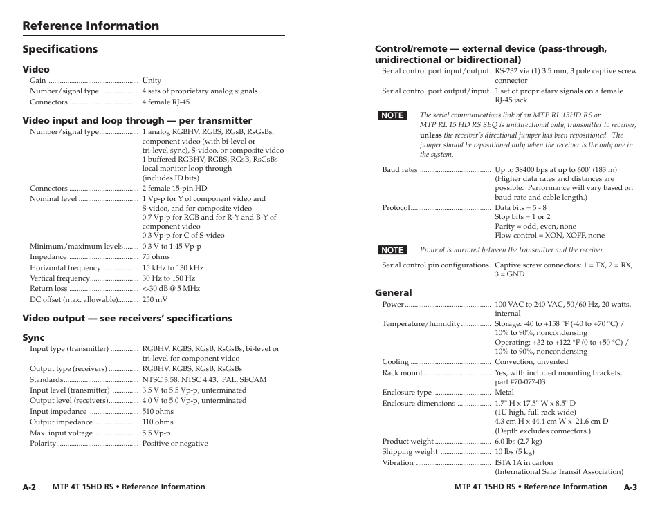 Specifications, Reference information | Extron electronic MTP 4T 15HD RS User Manual | Page 14 / 16