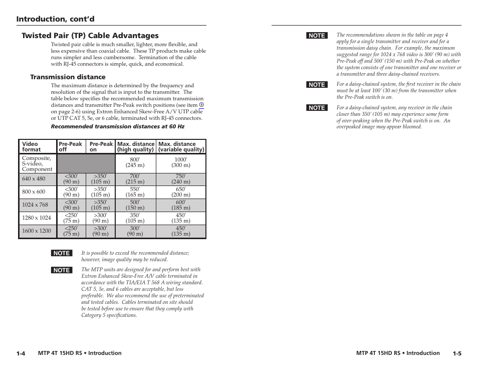Twisted pair (tp) cable advantages, Transmission distance, Introduction, cont’d | Extron electronic MTP 4T 15HD RS User Manual | Page 7 / 16
