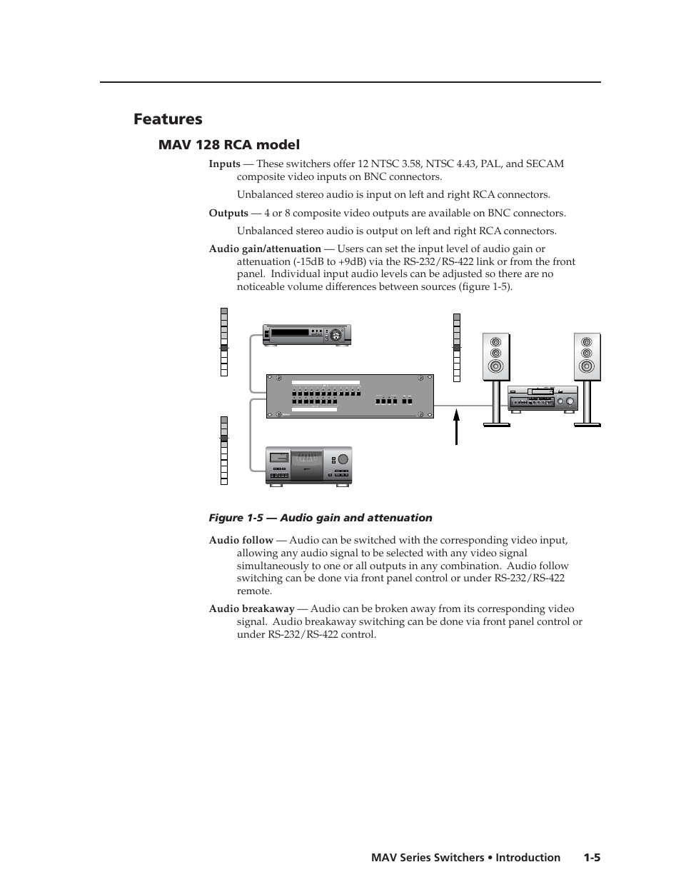 Features, Mav 128 rca model, 5 mav series switchers • introduction | Video | Extron Electronics MAV Series User Manual | Page 13 / 72