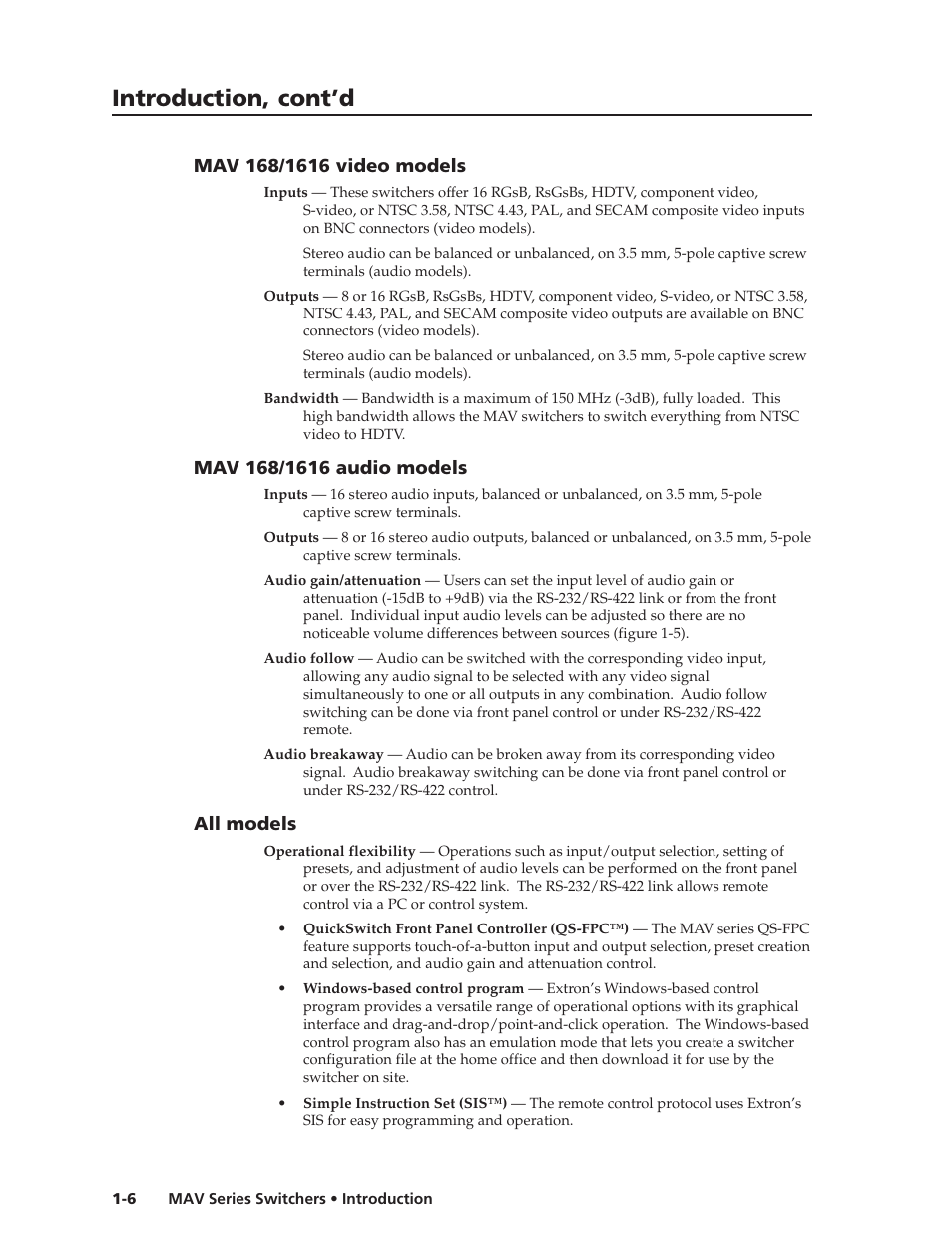Introduction, cont’d, All models | Extron Electronics MAV Series User Manual | Page 14 / 72