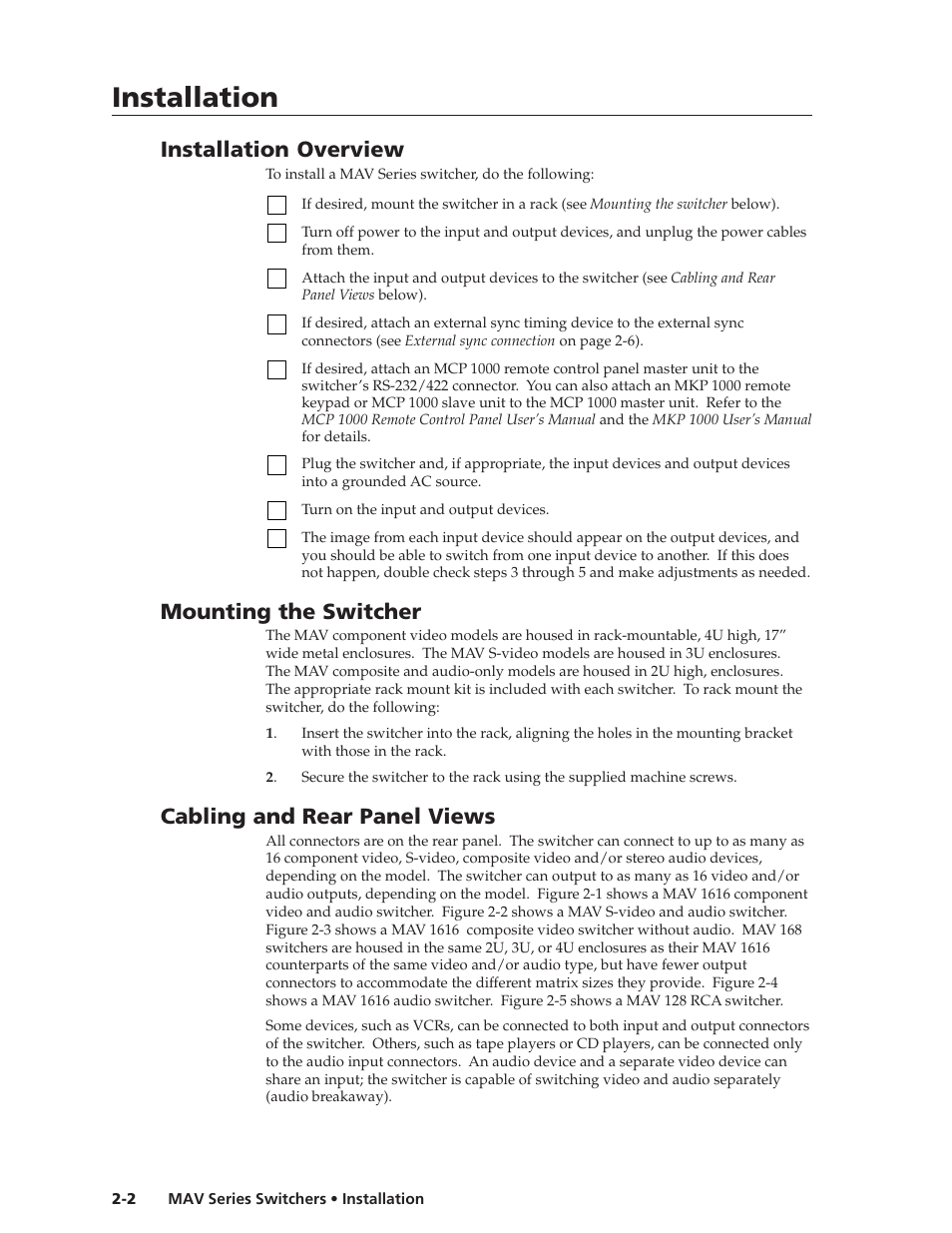 Installation, Installation, cont’d, Installation overview | Mounting the switcher, Cabling and rear panel views | Extron Electronics MAV Series User Manual | Page 18 / 72