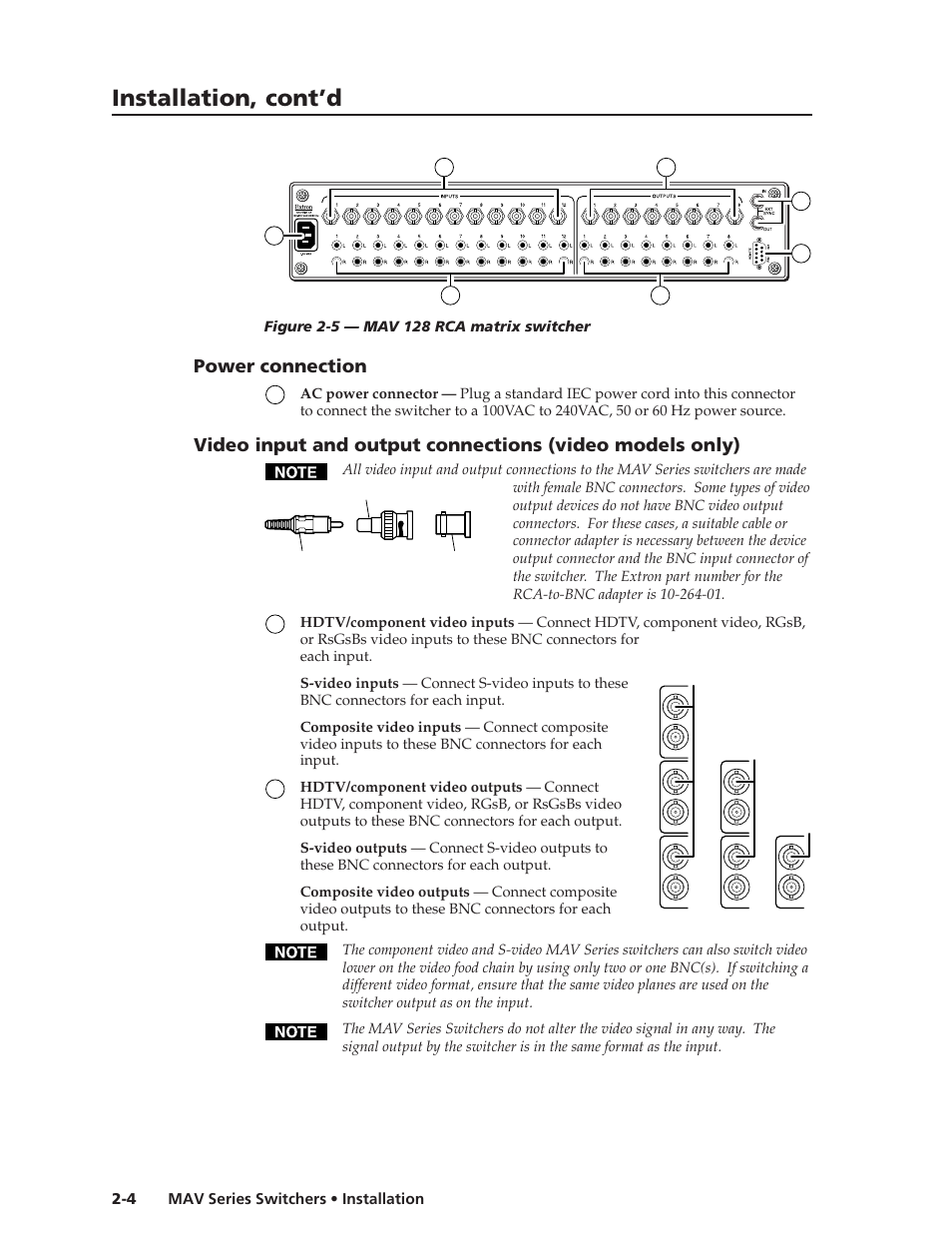 Installation, cont’d, Power connection | Extron Electronics MAV Series User Manual | Page 20 / 72