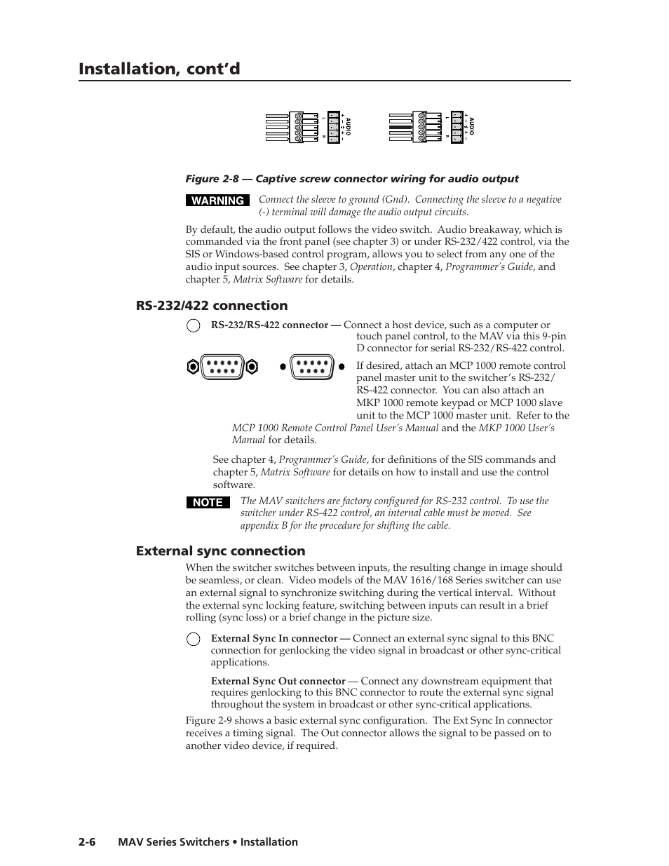 Installation, cont’d, External sync connection | Extron Electronics MAV Series User Manual | Page 22 / 72