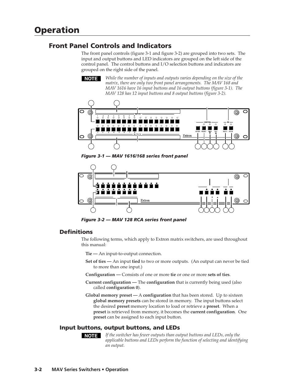 Operation, Operation, cont’d, Front panel controls and indicators | Definitions, Input buttons, output buttons, and leds, Mav series switchers • operation 3-2 | Extron Electronics MAV Series User Manual | Page 26 / 72