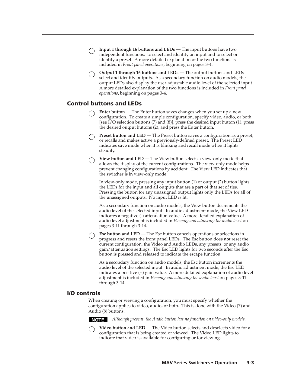 Control buttons and leds, I/o controls | Extron Electronics MAV Series User Manual | Page 27 / 72