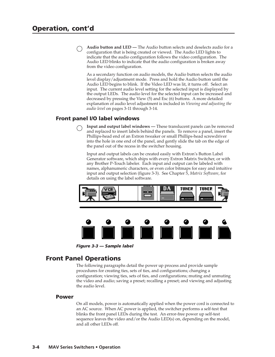 Operation, cont’d, Front panel operations | Extron Electronics MAV Series User Manual | Page 28 / 72