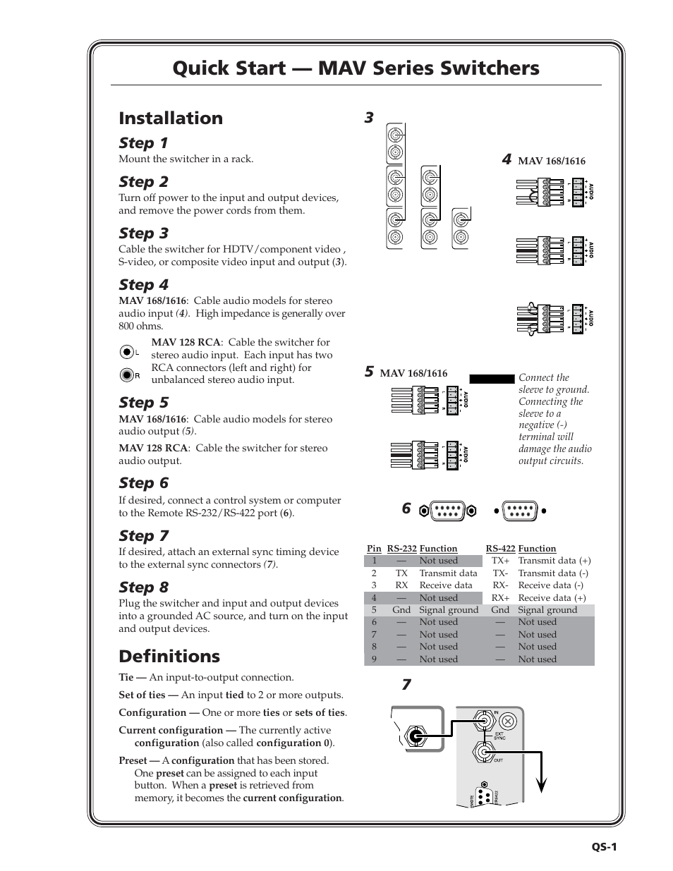Quick start — mav series switchers, Installation, Definitions | Step 1, Step 2, Step 3, Step 4, Step 5, Step 6, Step 7 | Extron Electronics MAV Series User Manual | Page 3 / 72