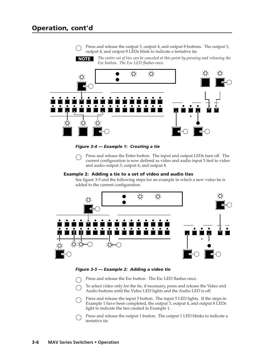 Operation, cont’d, Mav series switchers • operation 3-6, Figure 3-4 — example 1: creating a tie | Figure 3-5 — example 2: adding a video tie | Extron Electronics MAV Series User Manual | Page 30 / 72