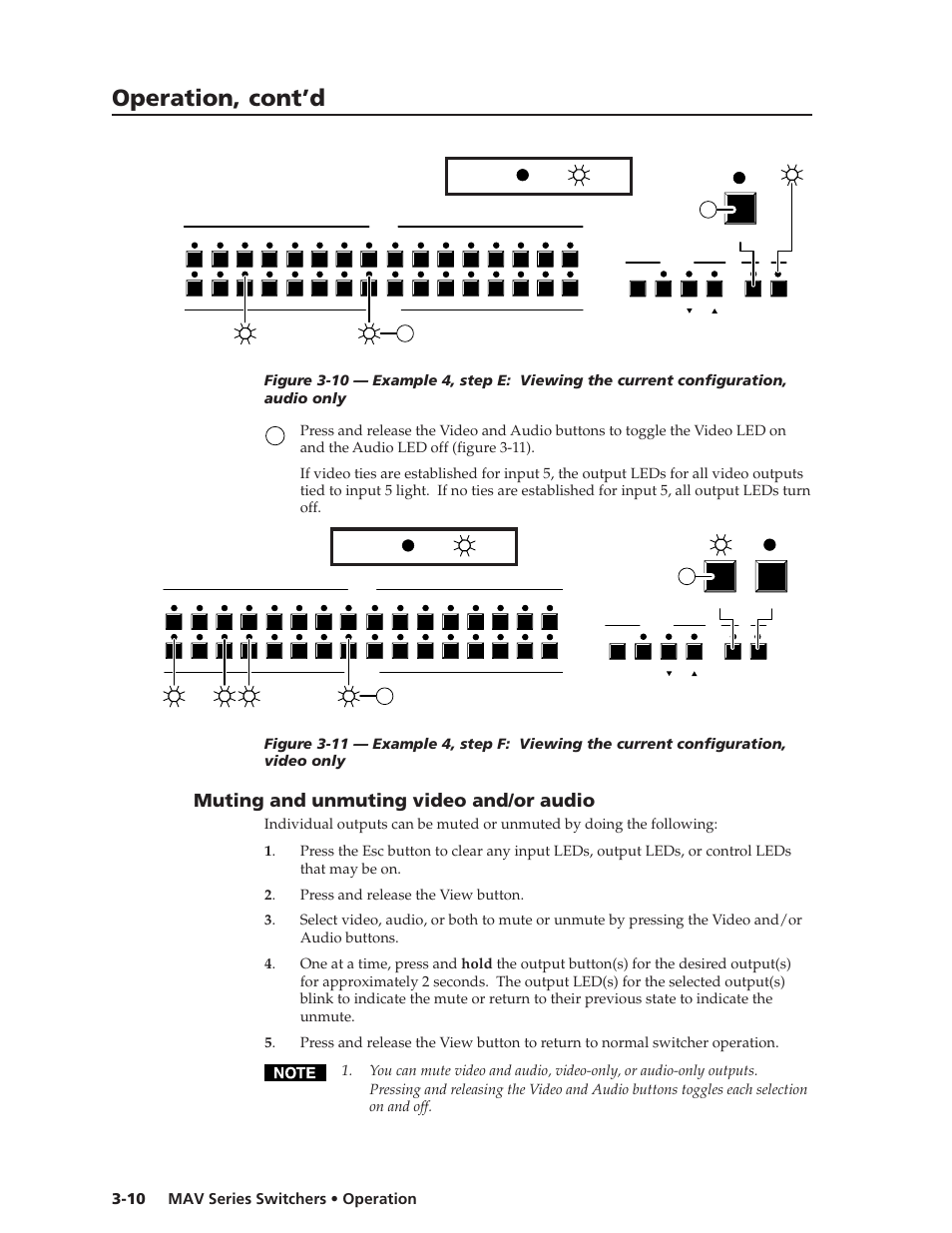 Operation, cont’d, Muting and unmuting video and/or audio, Mav series switchers • operation 3-10 | Extron Electronics MAV Series User Manual | Page 34 / 72
