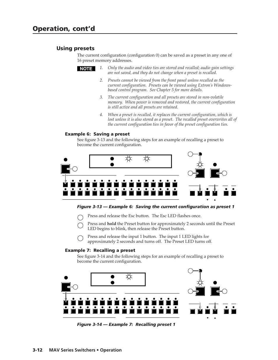Operation, cont’d, Using presets, Mav series switchers • operation 3-12 | Example 6: saving a preset, Example 7: recalling a preset | Extron Electronics MAV Series User Manual | Page 36 / 72
