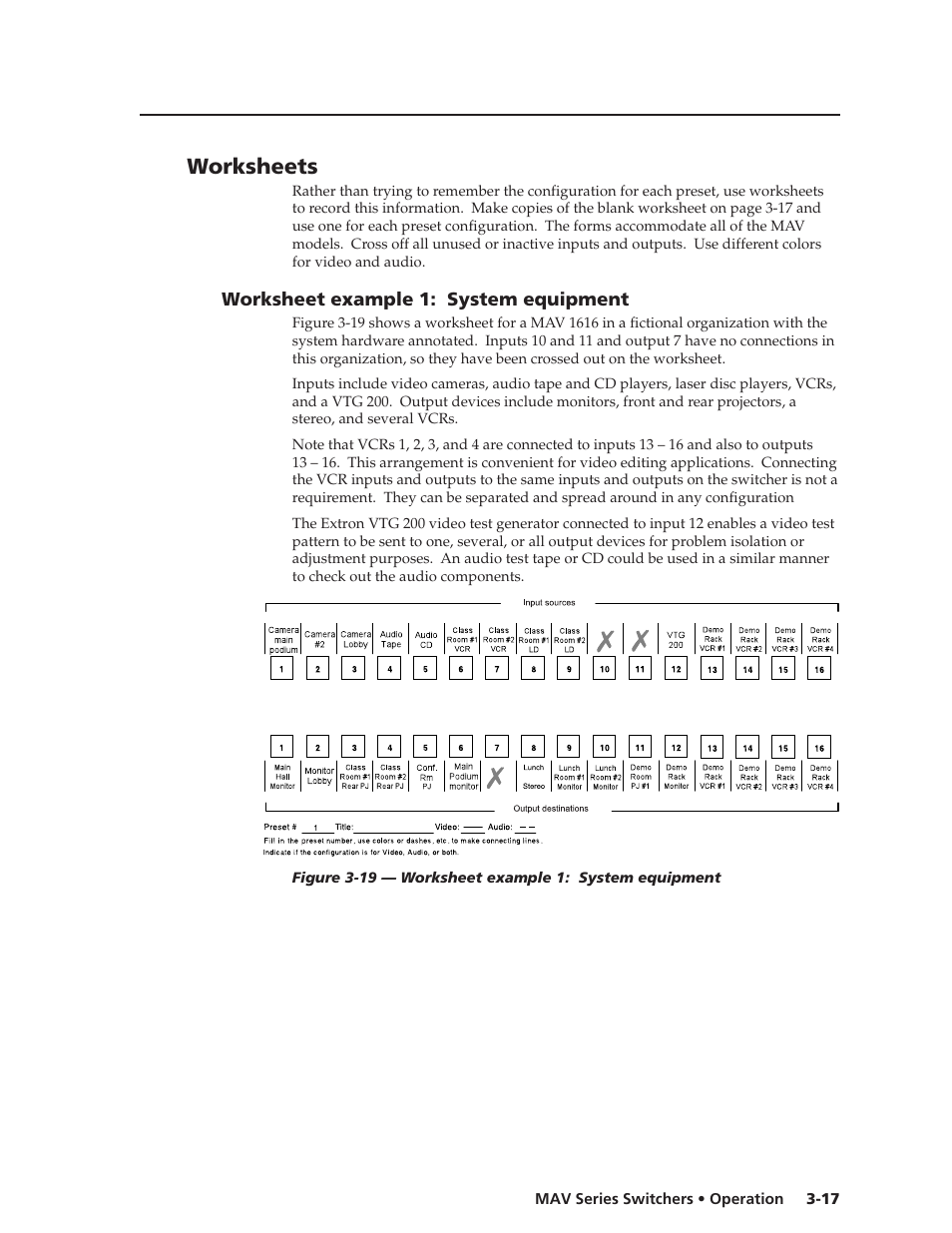 Worksheets, Worksheet example 1: system equipment | Extron Electronics MAV Series User Manual | Page 41 / 72