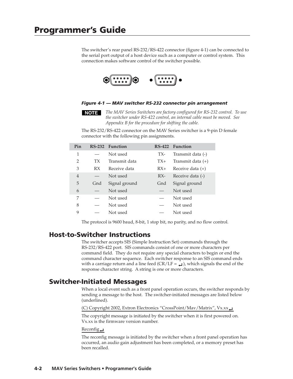 Programmer’s guide, Programmer’s guide, cont’d, Host-to-switcher instructions | Switcher-initiated messages | Extron Electronics MAV Series User Manual | Page 46 / 72