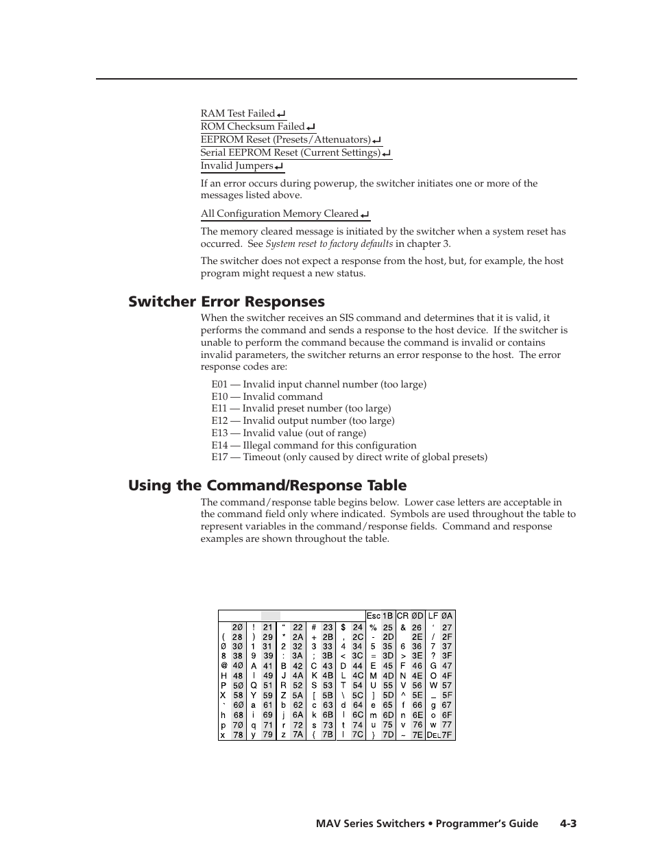 Switcher error responses, Using the command/response table | Extron Electronics MAV Series User Manual | Page 47 / 72