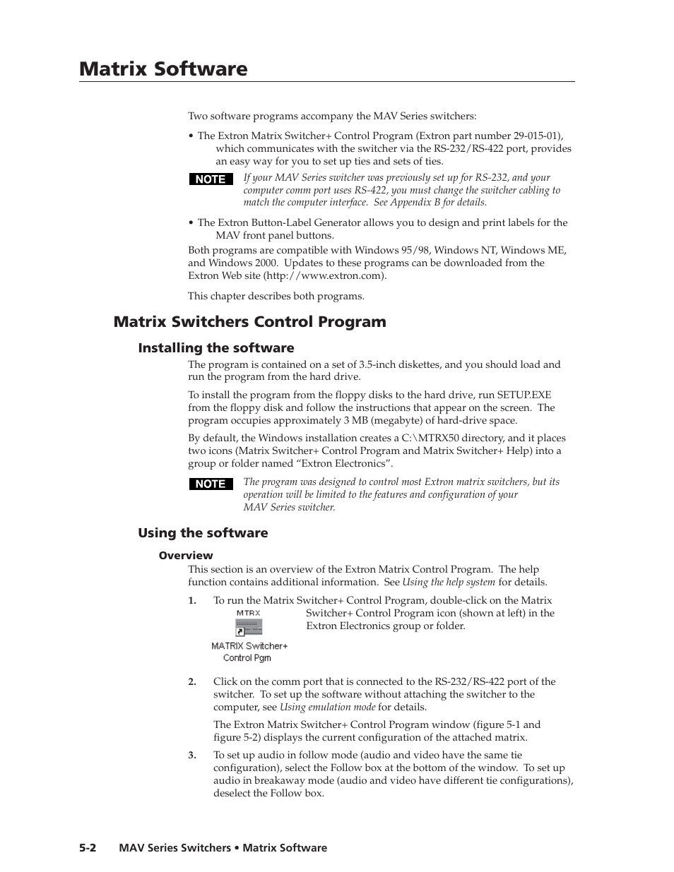 Matrix software, Matrix software, cont’d, Matrix switchers control program | Extron Electronics MAV Series User Manual | Page 52 / 72