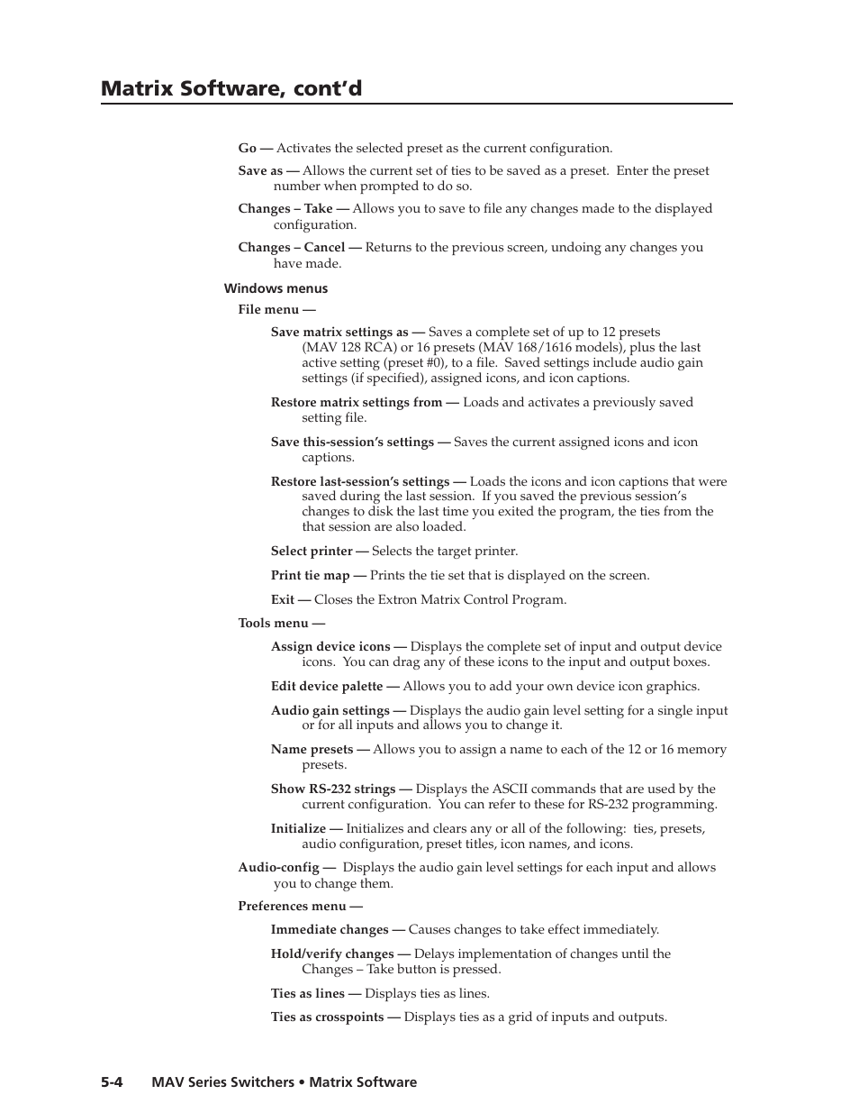 Matrix software, cont’d | Extron Electronics MAV Series User Manual | Page 54 / 72