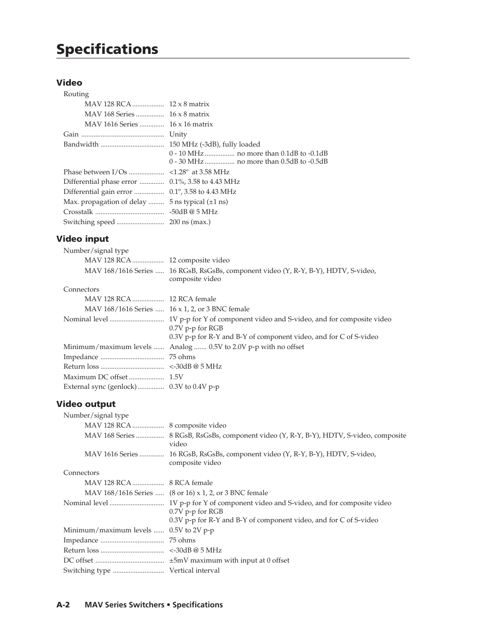 Specifications, Specifications, cont’d | Extron Electronics MAV Series User Manual | Page 58 / 72