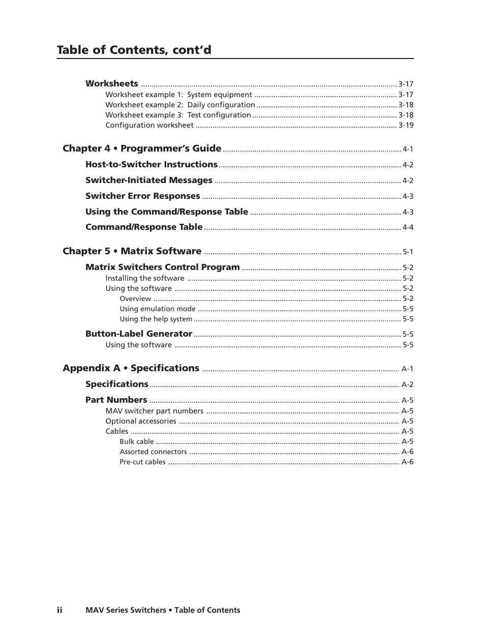 Table of contents, cont’d | Extron Electronics MAV Series User Manual | Page 6 / 72