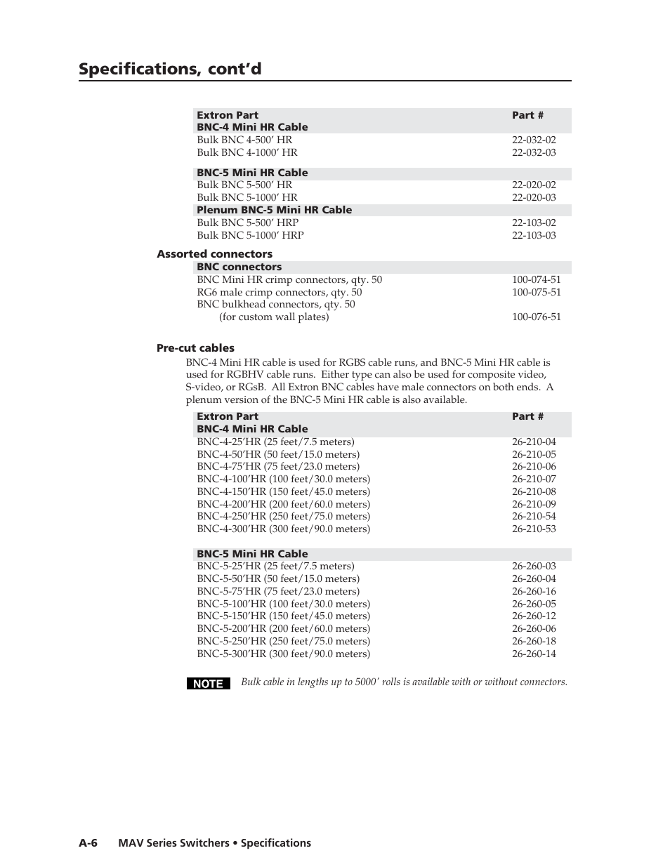 Specifications, cont’d | Extron Electronics MAV Series User Manual | Page 62 / 72