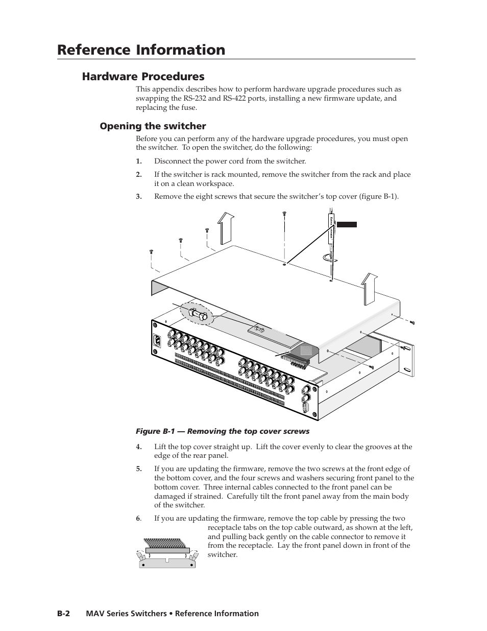 Reference information, Reference information, cont’d, Hardware procedures | Opening the switcher | Extron Electronics MAV Series User Manual | Page 64 / 72