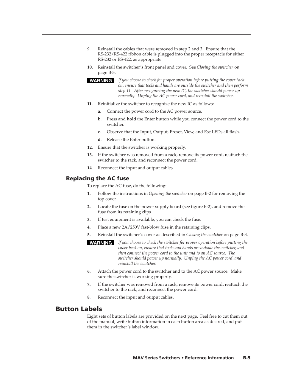 Button labels, Replacing the ac fuse | Extron Electronics MAV Series User Manual | Page 67 / 72