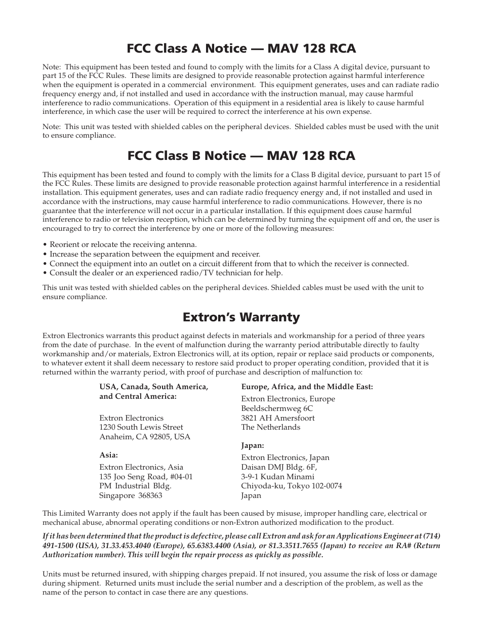 Fcc class a notice — mav 128 rca, Fcc class b notice — mav 128 rca, Extron’s warranty | Extron Electronics MAV Series User Manual | Page 71 / 72