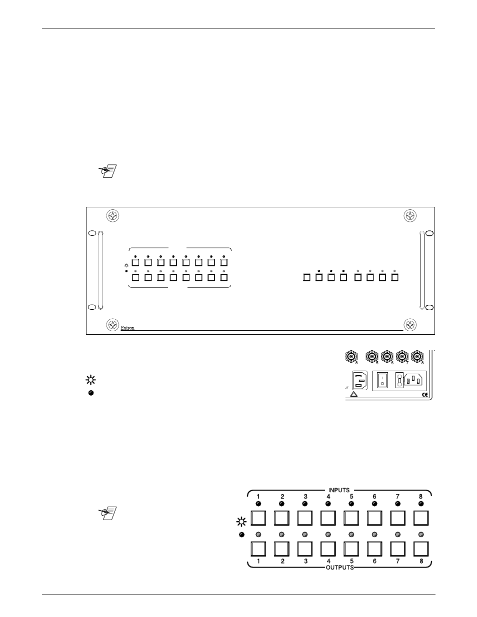 Power on switch and led, Input and output buttons, Extron • matrix 200 • user’s manual | Extron Electronics Matrix 200 User Manual | Page 63 / 111