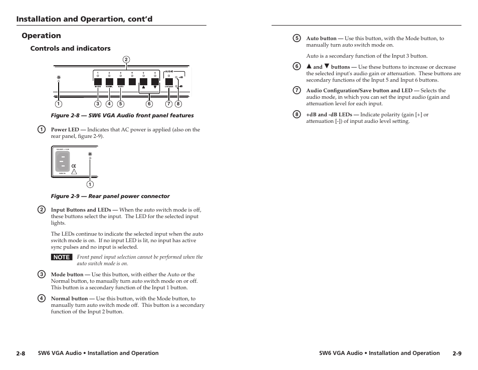 Operation, Controls and indicators, Operation | Controls and indicators -8 | Extron Electronics SW6 VGA A User Manual | Page 10 / 19
