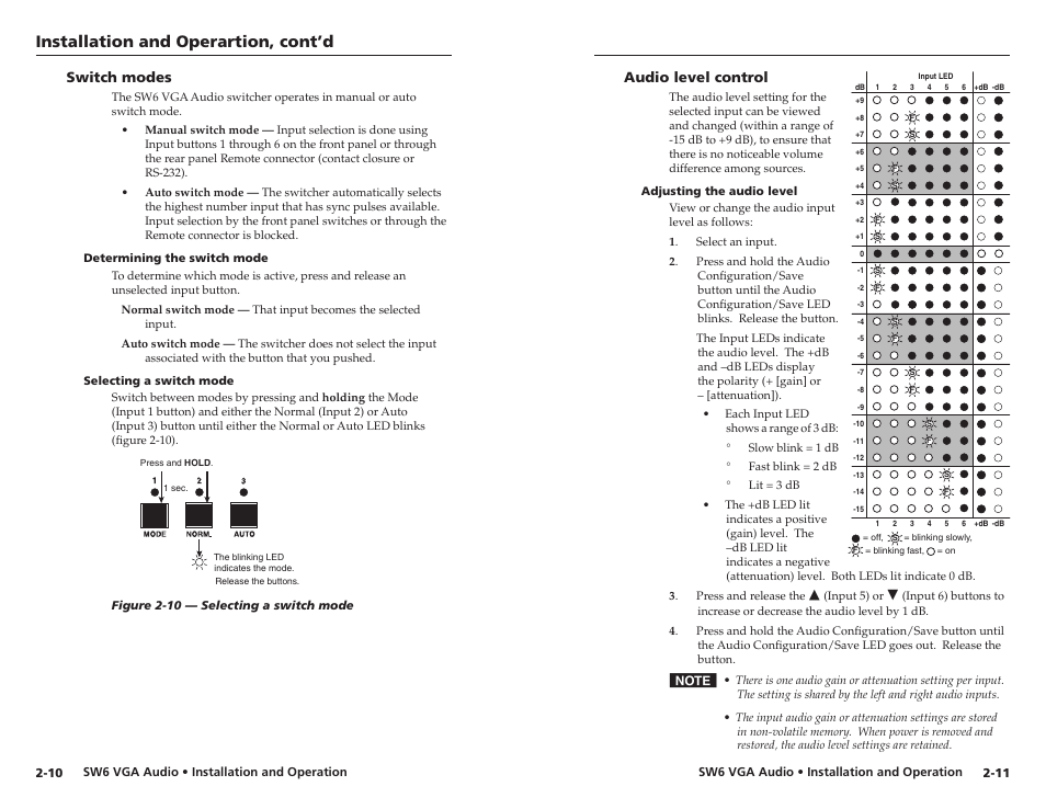 Switch modes, Determining the switch mode, Selecting a switch mode | Audio level control, Adjusting the audio level, Switch modes -10, Audio level control -11, Adjusting the audio level -11, Installation and operartion, cont’d | Extron Electronics SW6 VGA A User Manual | Page 11 / 19