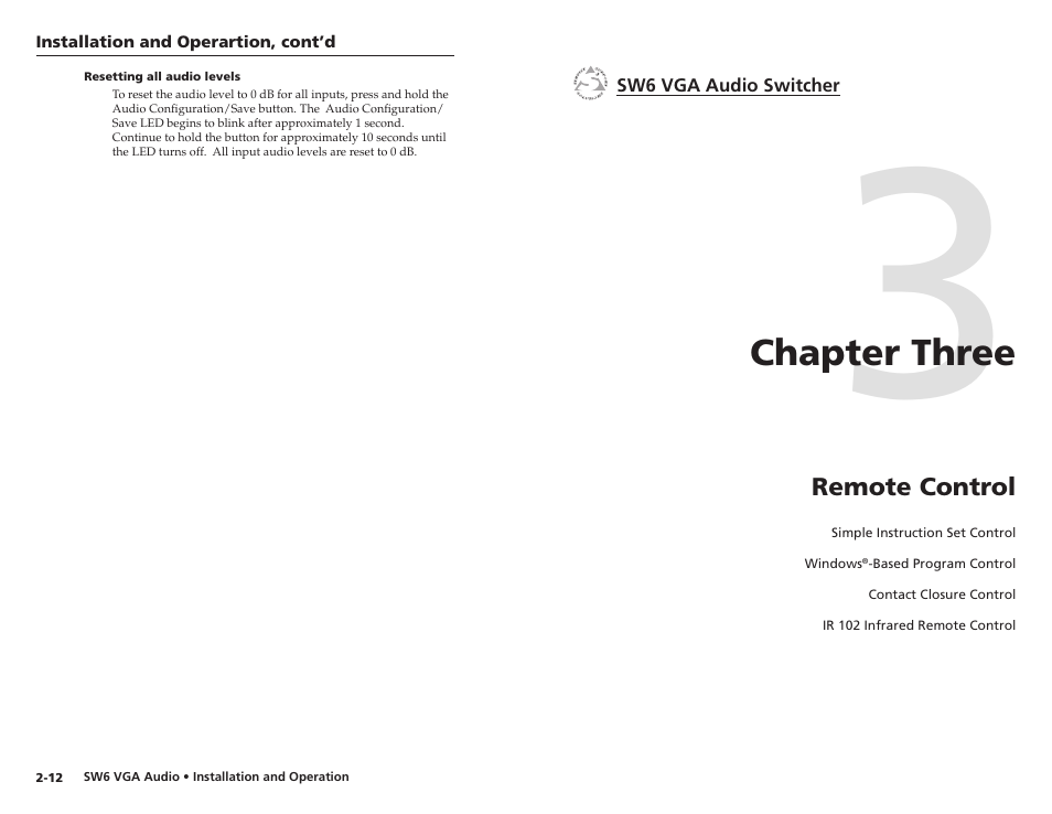 Resetting all audio levels, Chapter 3 • remote control, Resetting all audio levels -12 | Chapter three • remote control, Chapter three | Extron Electronics SW6 VGA A User Manual | Page 12 / 19