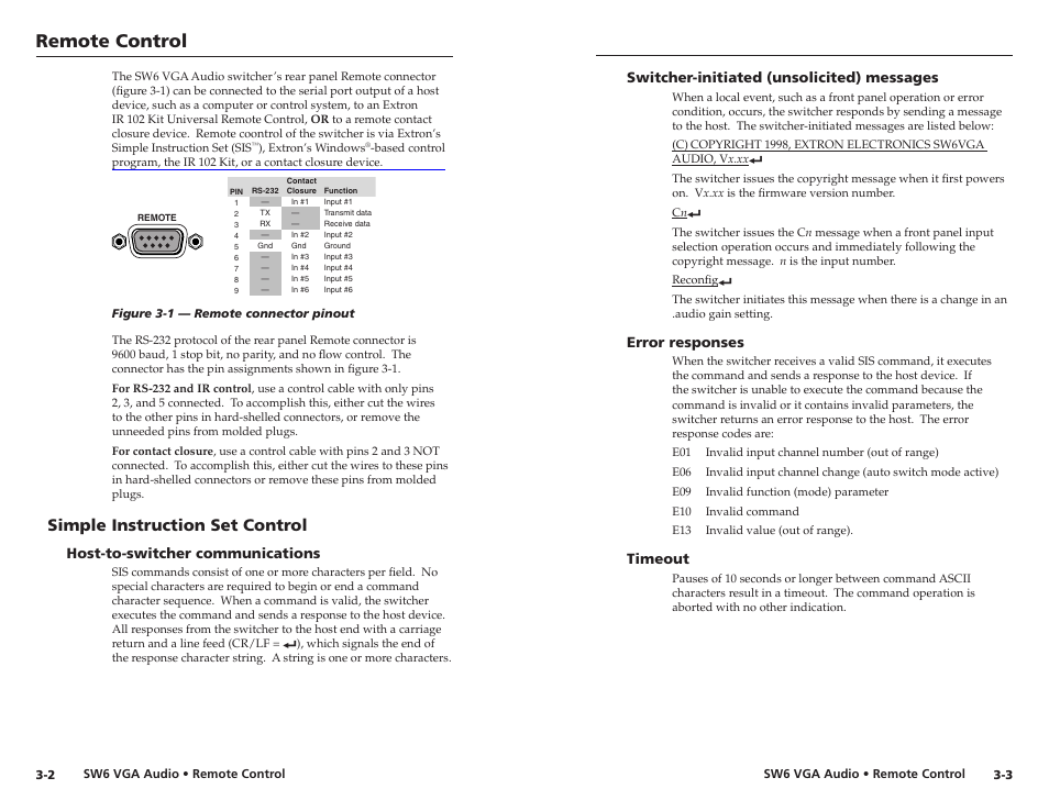 Simple instruction set control, Host-to-switcher communications, Switcher-initiated (unsolicited) messages | Error responses, Timeout, Simple instruction set control, Remote control | Extron Electronics SW6 VGA A User Manual | Page 13 / 19
