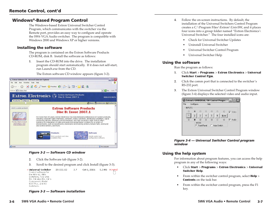 Windows-based program control, Installing the software, Using the software | Using the help system, Windows, Based program control, Simple instruction set (sis, Extron’s windows, Based control, Remote control, cont’d | Extron Electronics SW6 VGA A User Manual | Page 15 / 19