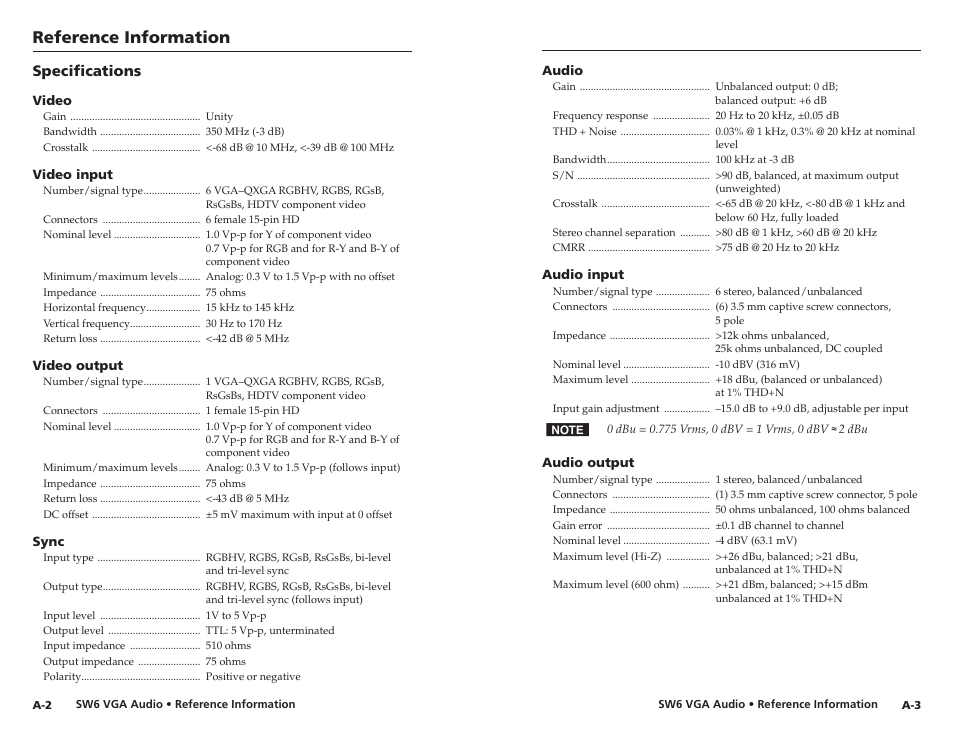 Specifications, Reference information | Extron Electronics SW6 VGA A User Manual | Page 17 / 19