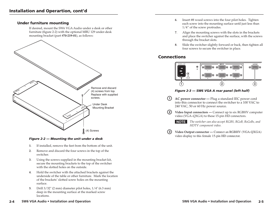 Under furniture mounting, Connections, Under furniture mounting -4 | Installation and operartion, cont’d | Extron Electronics SW6 VGA A User Manual | Page 8 / 19