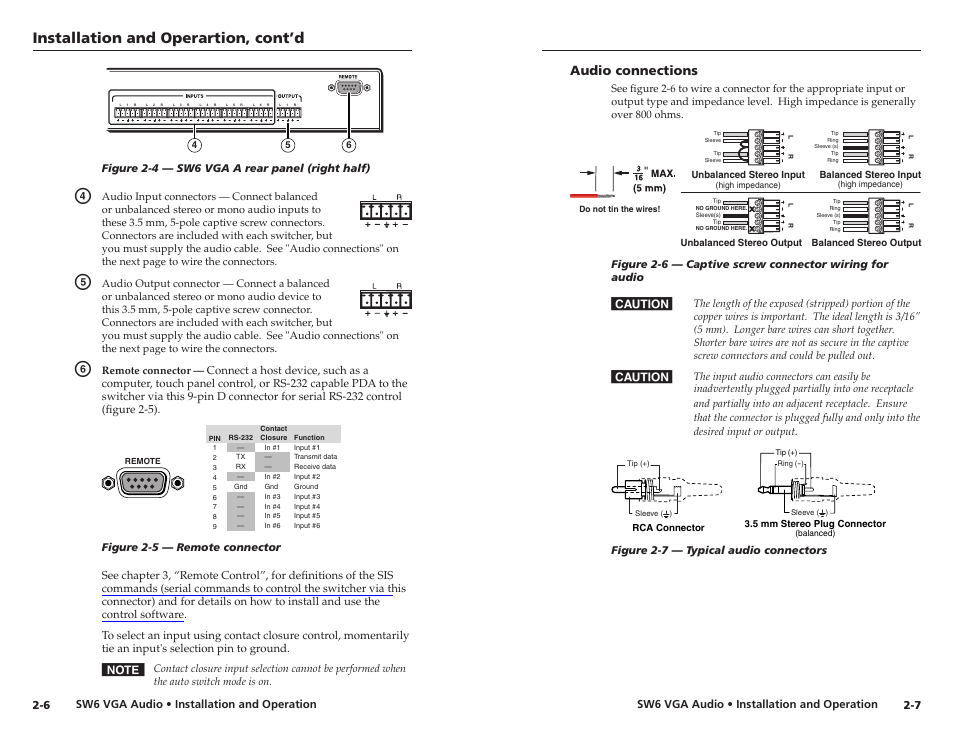 Audio connections, Audio connections -7, Installation and operartion, cont’d | Extron Electronics SW6 VGA A User Manual | Page 9 / 19