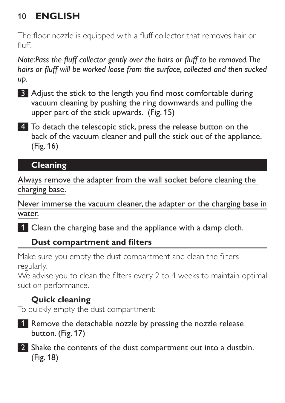 Cleaning, Dust compartment and filters, Quick cleaning | Philips FC6092 User Manual | Page 10 / 140