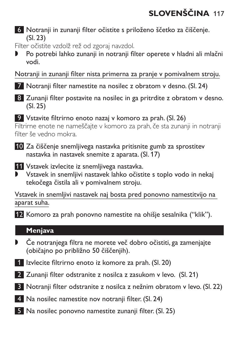 Menjava | Philips FC6092 User Manual | Page 117 / 140