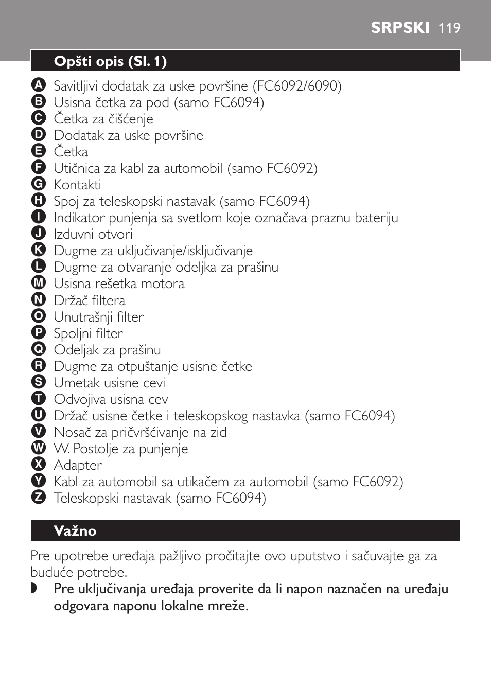 Srpski, Opšti opis﻿ (sl. 1), Važno | Philips FC6092 User Manual | Page 119 / 140