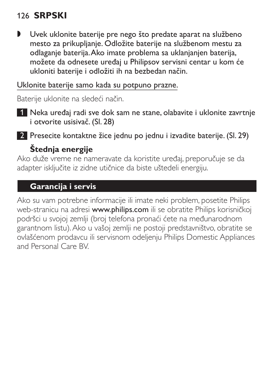 Štednja energije, Garancija i servis | Philips FC6092 User Manual | Page 126 / 140