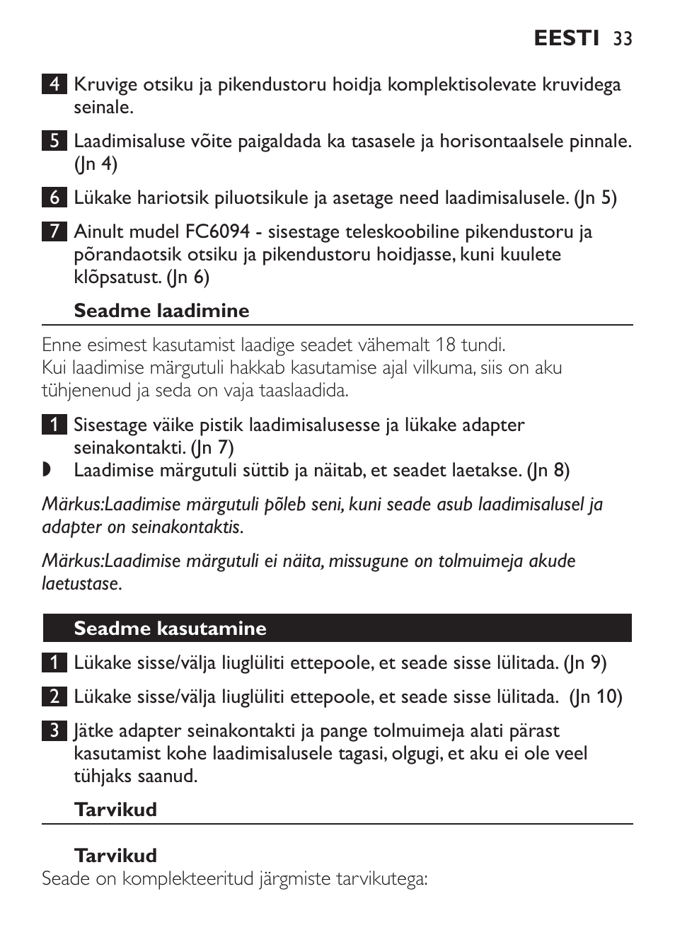 Seadme laadimine, Seadme kasutamine, Tarvikud | Philips FC6092 User Manual | Page 33 / 140