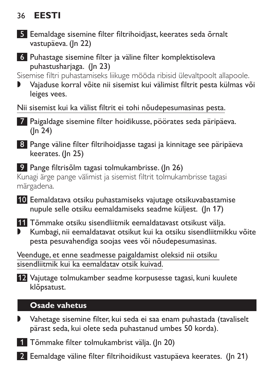 Osade vahetus | Philips FC6092 User Manual | Page 36 / 140