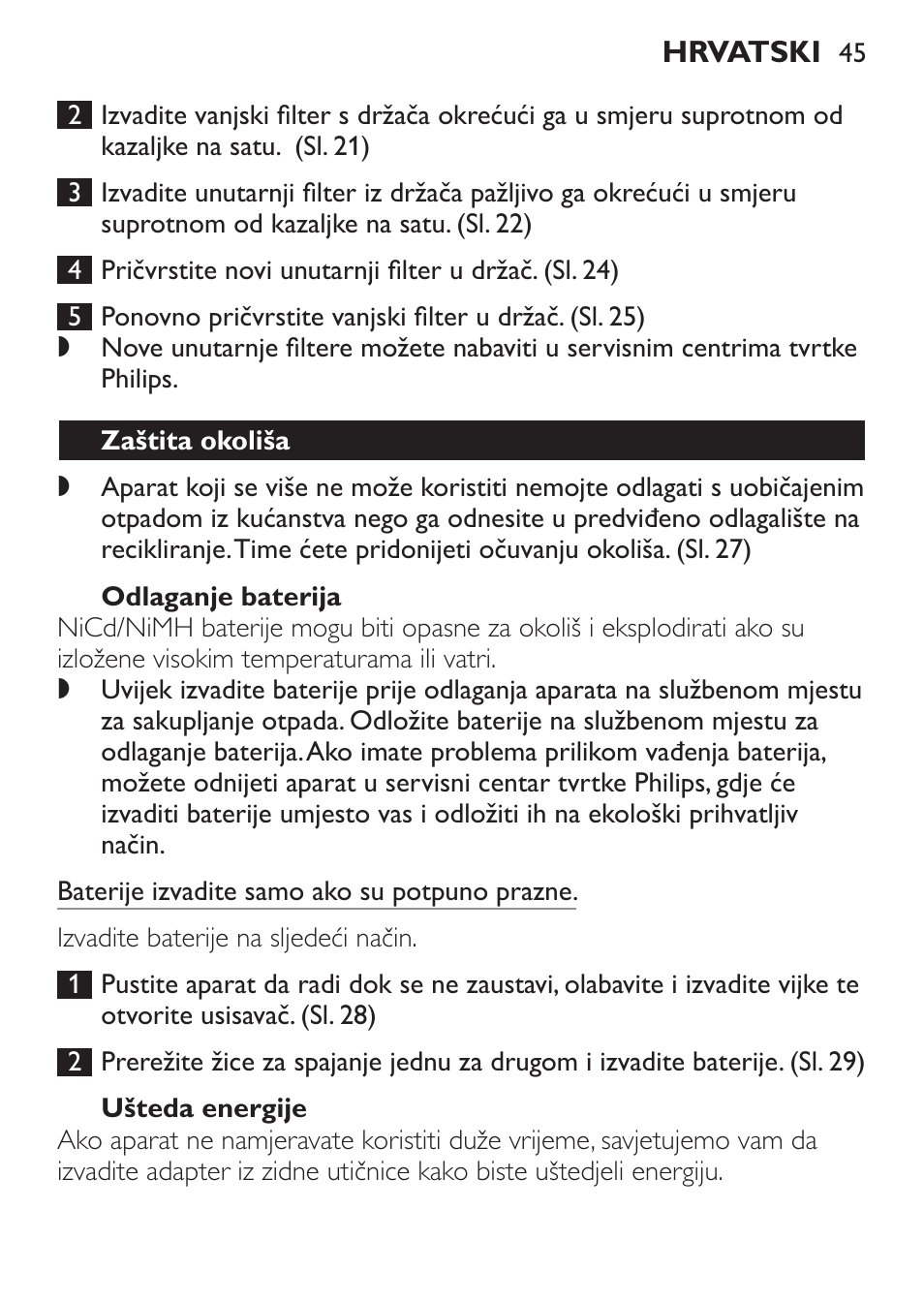 Odlaganje baterija, Ušteda energije, Zaštita okoliša | Philips FC6092 User Manual | Page 45 / 140