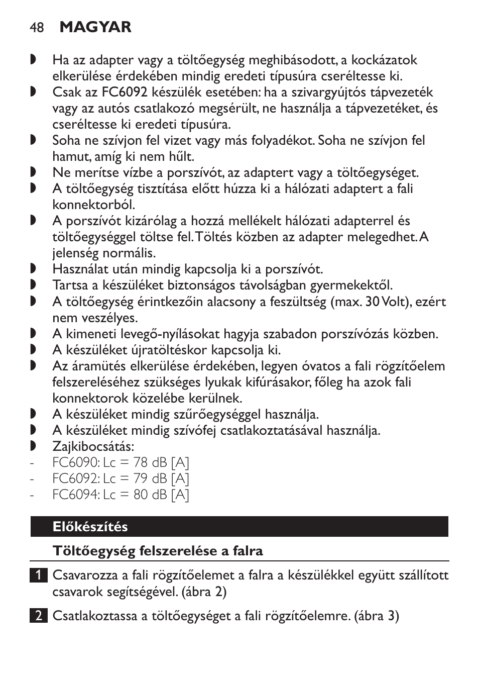 Előkészítés, Töltőegység felszerelése a falra | Philips FC6092 User Manual | Page 48 / 140