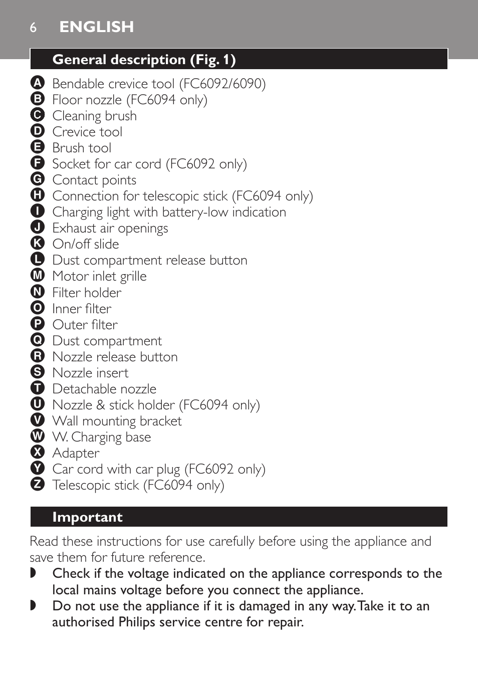 English, General description﻿ (fig. 1), Important | Philips FC6092 User Manual | Page 6 / 140