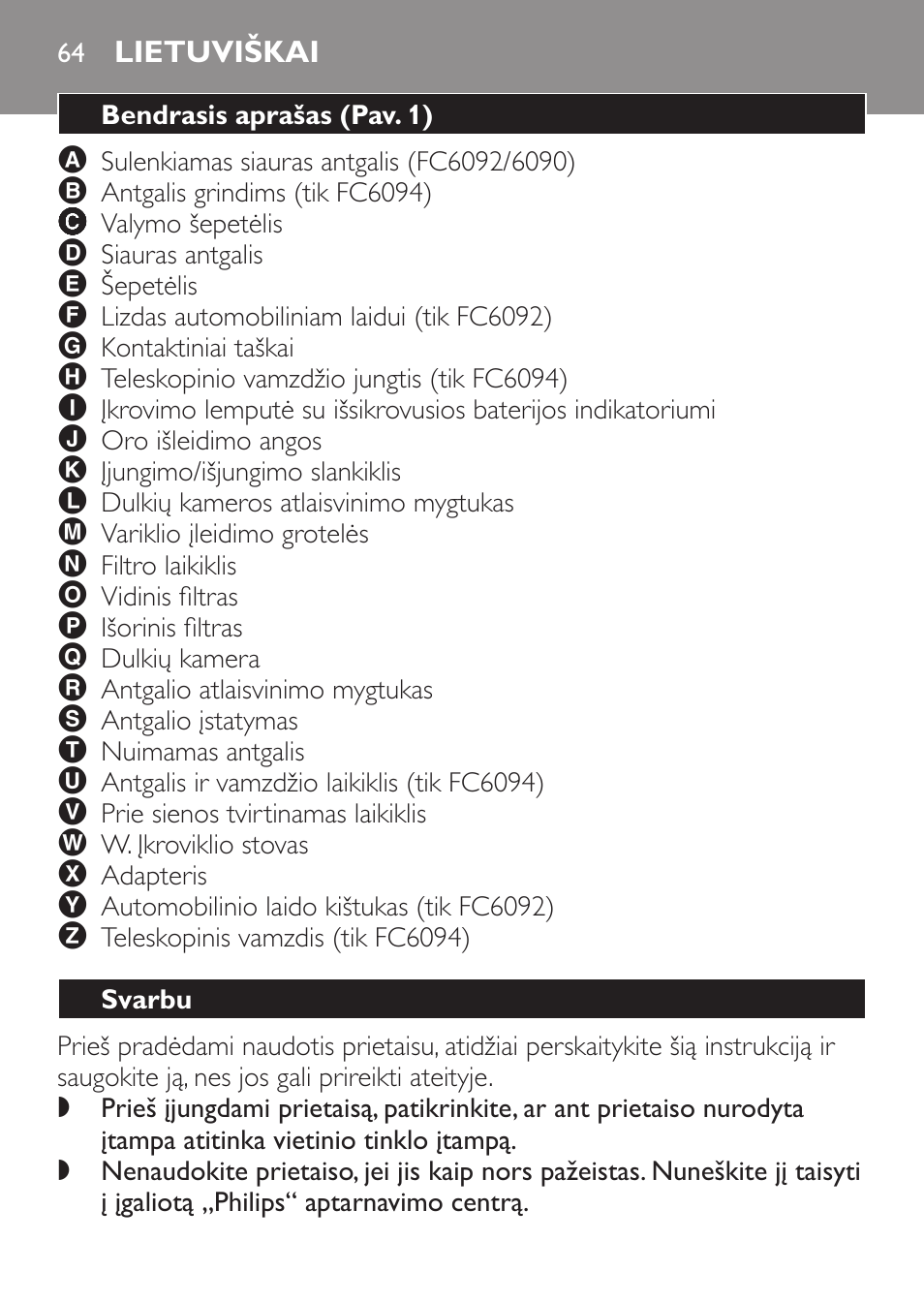 Lietuviškai, Bendrasis aprašas﻿ (pav. 1), Svarbu | Philips FC6092 User Manual | Page 64 / 140