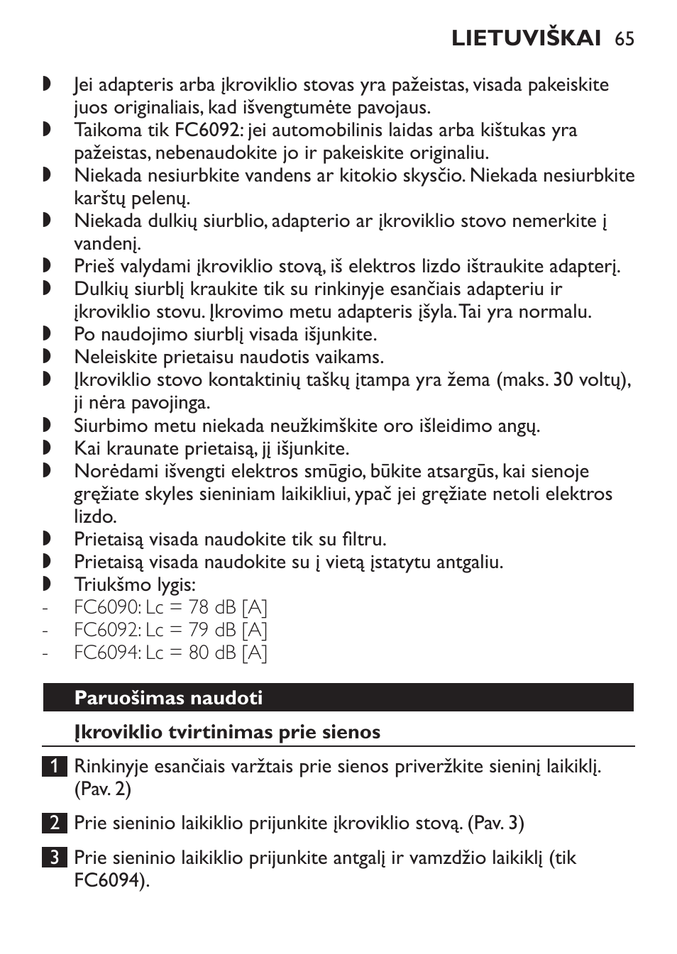 Paruošimas naudoti, Įkroviklio tvirtinimas prie sienos | Philips FC6092 User Manual | Page 65 / 140