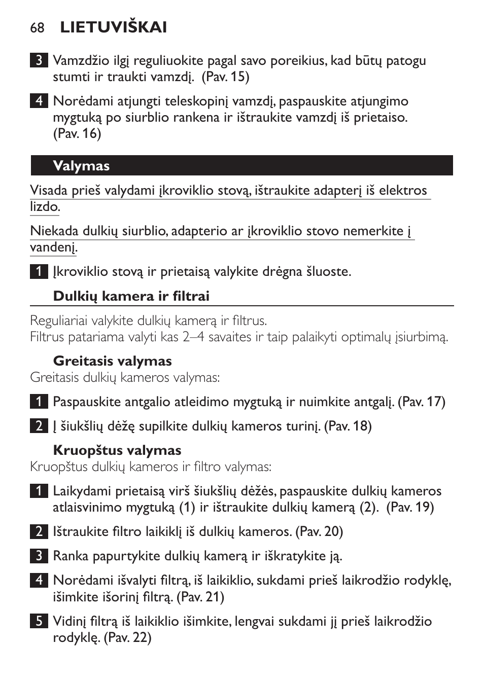 Valymas, Dulkių kamera ir filtrai, Greitasis valymas | Kruopštus valymas | Philips FC6092 User Manual | Page 68 / 140