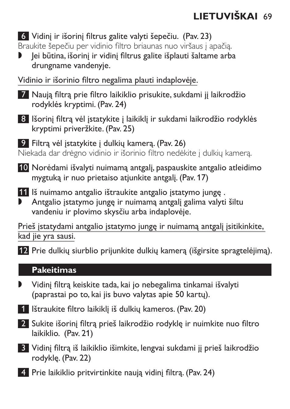 Pakeitimas | Philips FC6092 User Manual | Page 69 / 140