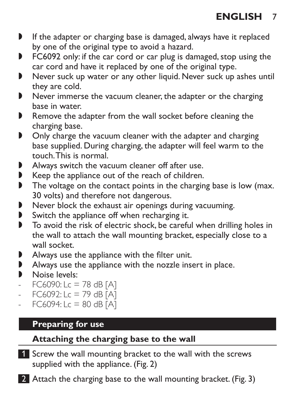 Preparing for use, Attaching the charging base to the wall | Philips FC6092 User Manual | Page 7 / 140