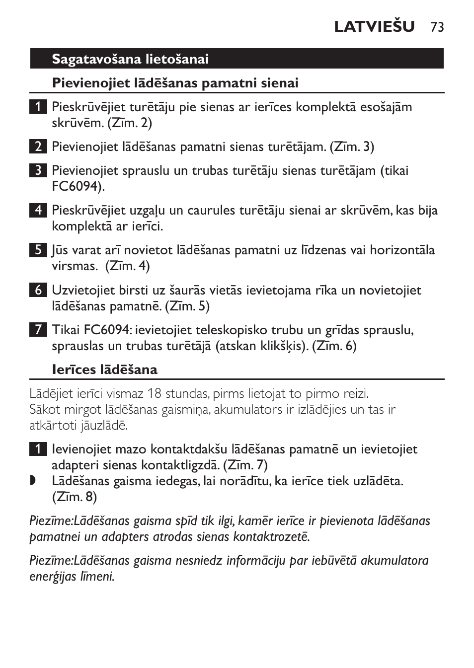 Sagatavošana lietošanai, Pievienojiet lādēšanas pamatni sienai, Ierīces lādēšana | Philips FC6092 User Manual | Page 73 / 140